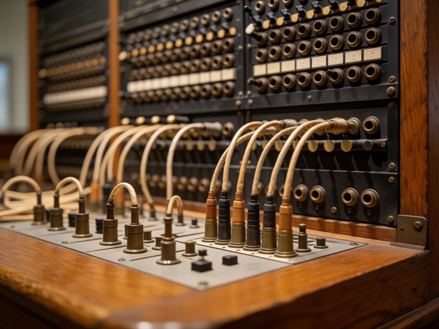 A vintage telephone switchboard with cords and plugs in a museum, lit by soft daylight