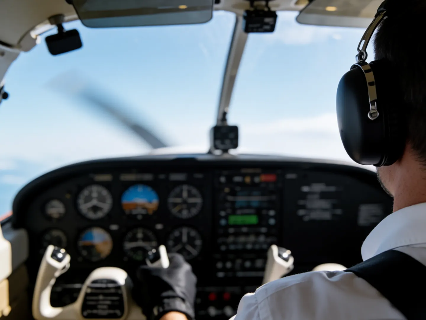 A small aircraft cockpit seen from behind the seats, a pilot's gloved hand on the radio panel and a headset hanging nearby
