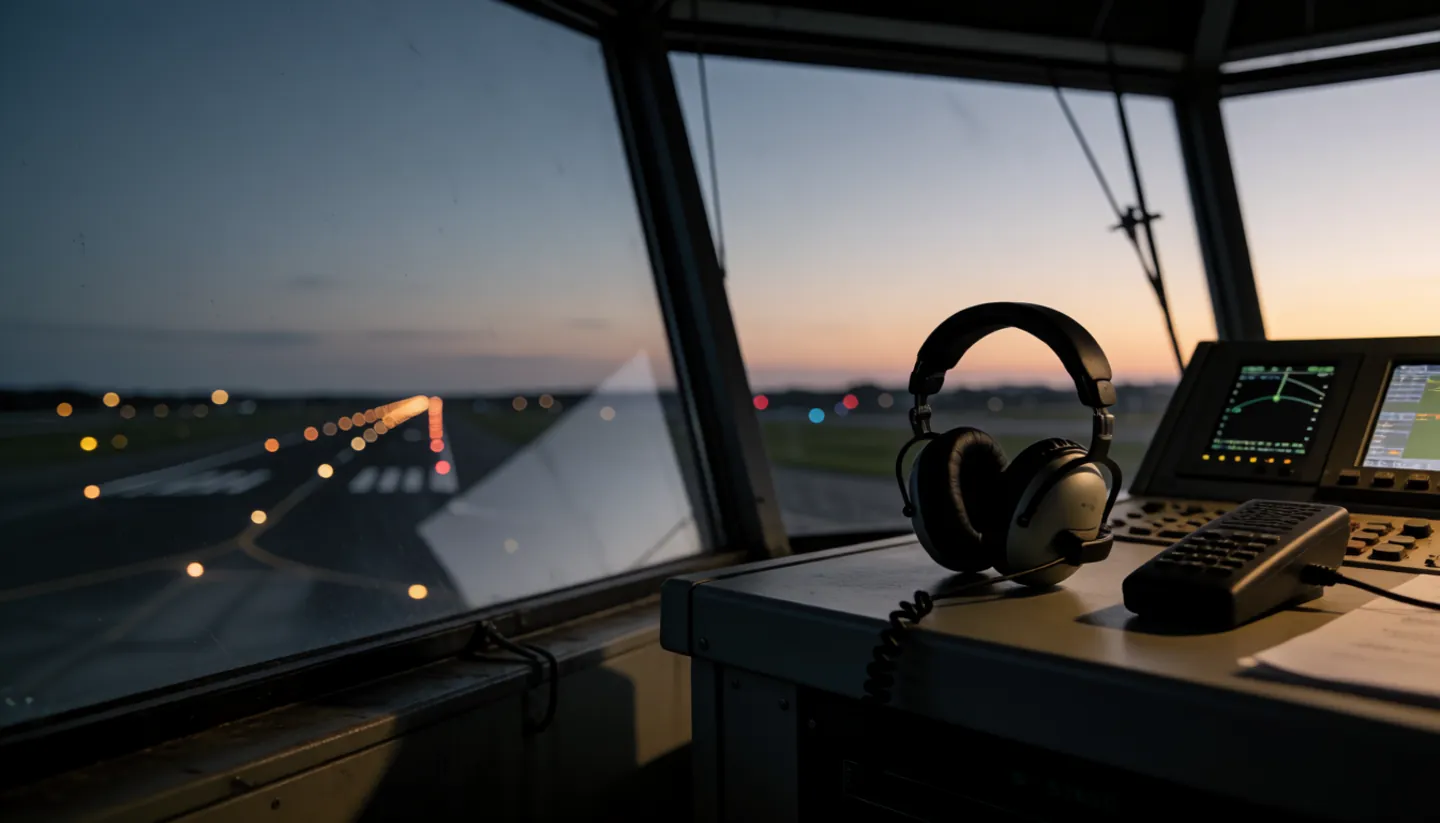 An airfield control tower window at dusk with a headset and desk microphone on the console, runway lights stretching away outside